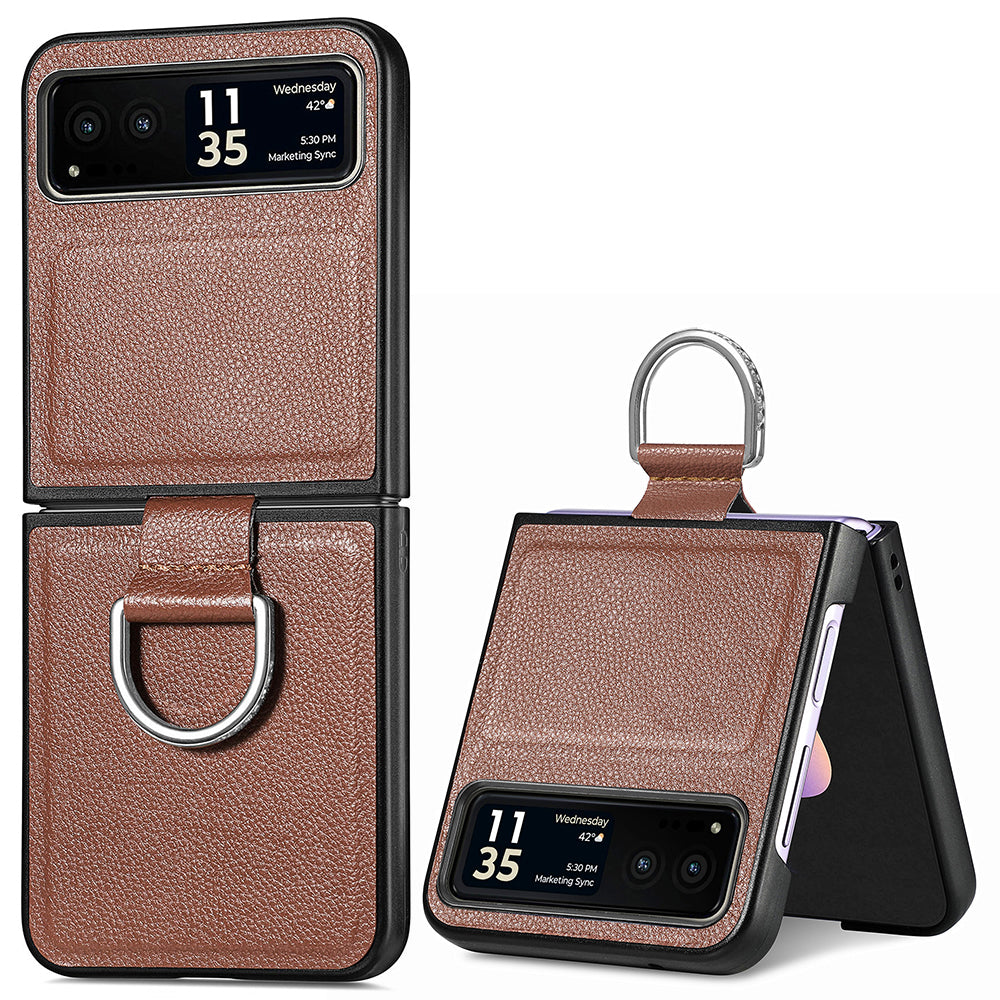 Finger Ring Holder Phone Case for Motorola Razr 40 5G , Litchi Texture Leather Coated PC Cover