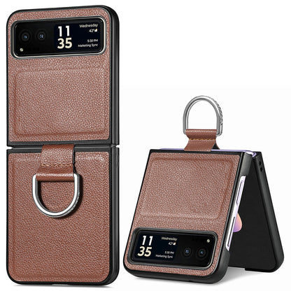 Finger Ring Holder Phone Case for Motorola Razr 40 5G , Litchi Texture Leather Coated PC Cover