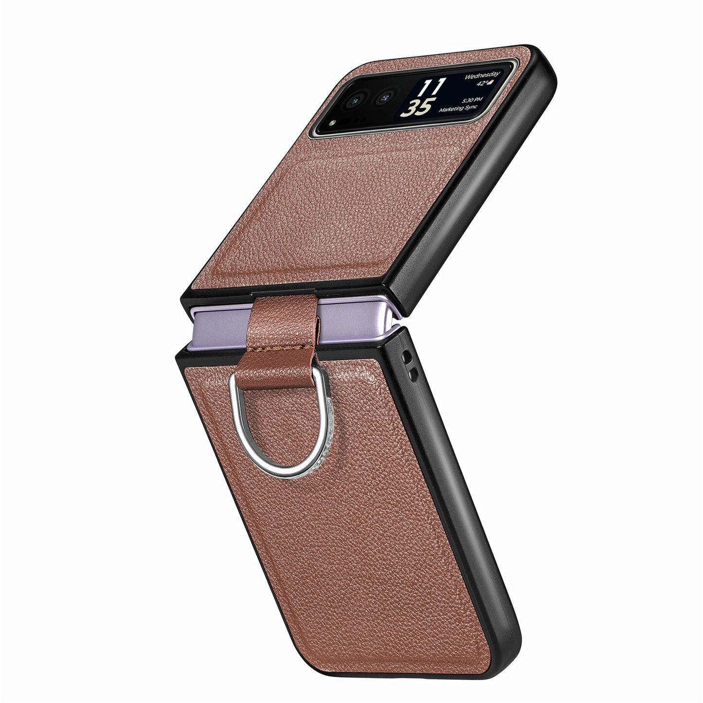Finger Ring Holder Phone Case for Motorola Razr 40 5G , Litchi Texture Leather Coated PC Cover