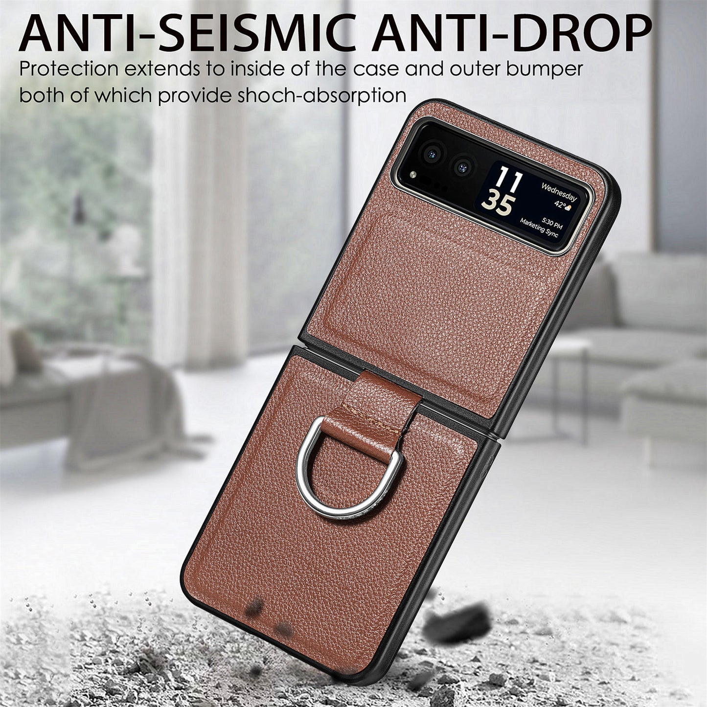 Finger Ring Holder Phone Case for Motorola Razr 40 5G , Litchi Texture Leather Coated PC Cover