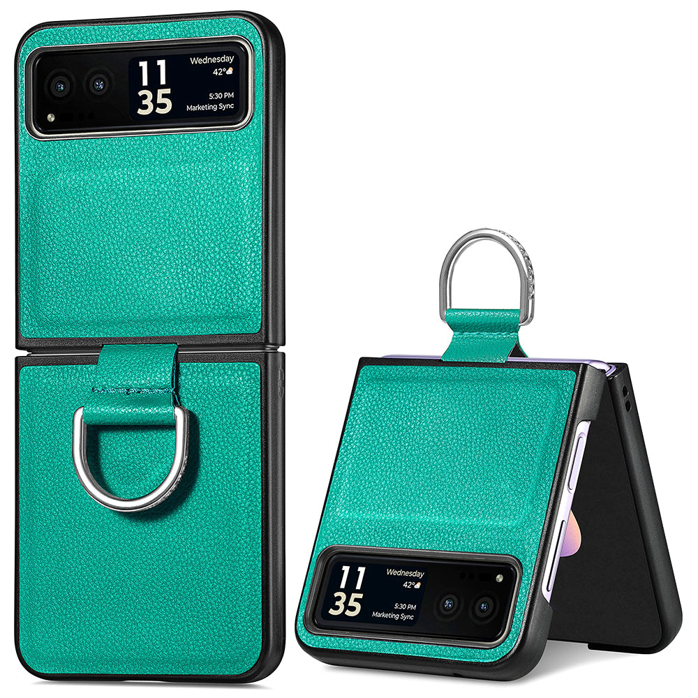 Finger Ring Holder Phone Case for Motorola Razr 40 5G , Litchi Texture Leather Coated PC Cover