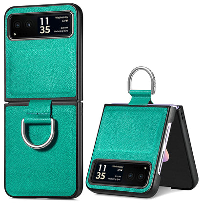 Finger Ring Holder Phone Case for Motorola Razr 40 5G , Litchi Texture Leather Coated PC Cover