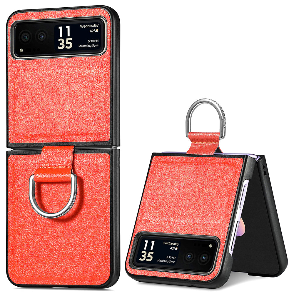 Finger Ring Holder Phone Case for Motorola Razr 40 5G , Litchi Texture Leather Coated PC Cover