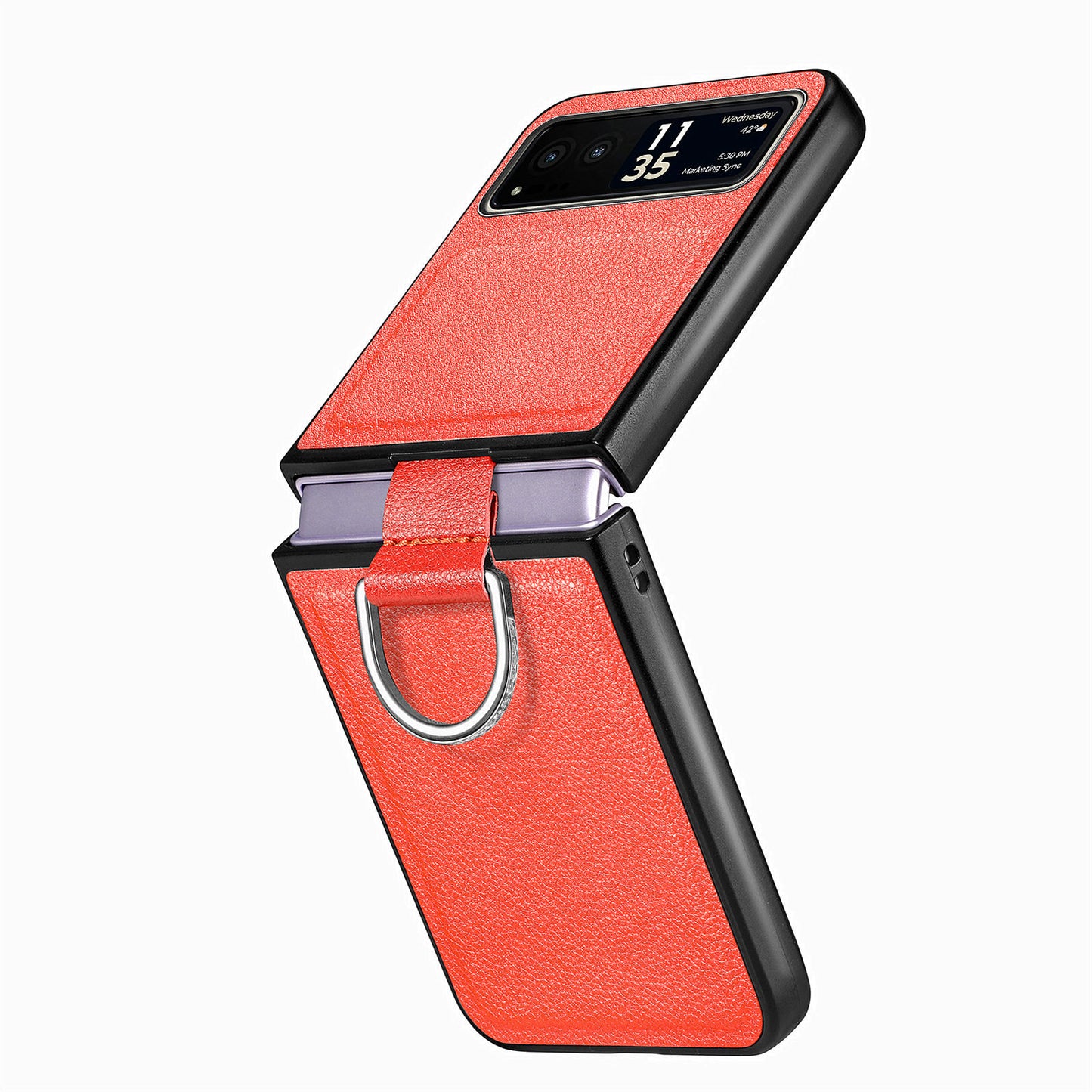 Finger Ring Holder Phone Case for Motorola Razr 40 5G , Litchi Texture Leather Coated PC Cover