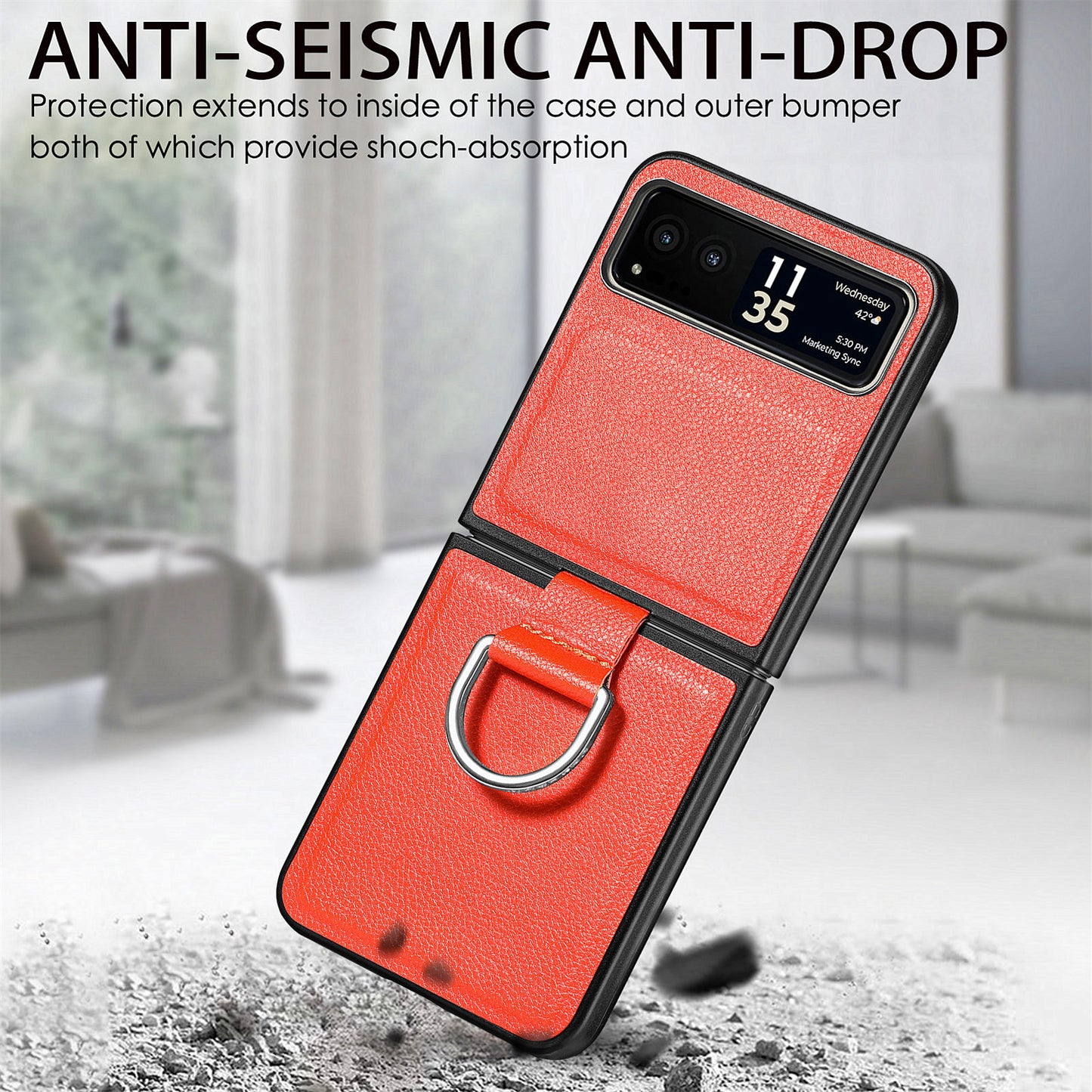 Finger Ring Holder Phone Case for Motorola Razr 40 5G , Litchi Texture Leather Coated PC Cover