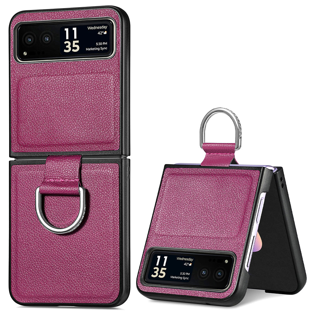 Finger Ring Holder Phone Case for Motorola Razr 40 5G , Litchi Texture Leather Coated PC Cover