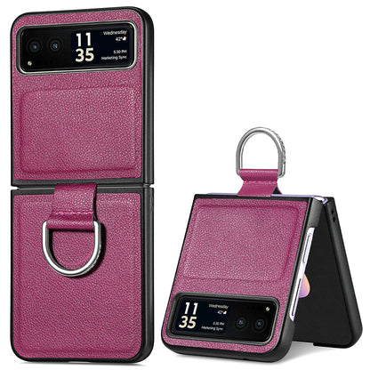 Finger Ring Holder Phone Case for Motorola Razr 40 5G , Litchi Texture Leather Coated PC Cover