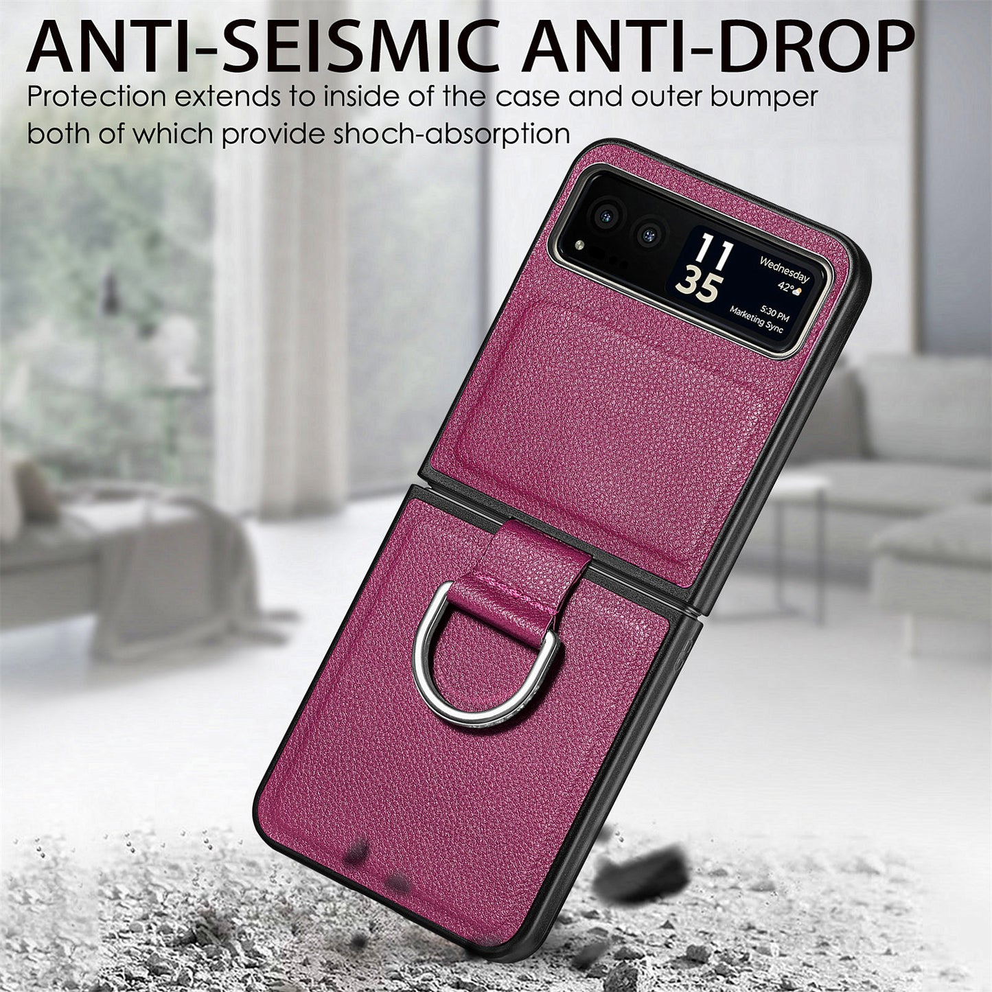 Finger Ring Holder Phone Case for Motorola Razr 40 5G , Litchi Texture Leather Coated PC Cover