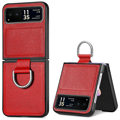 Finger Ring Holder Phone Case for Motorola Razr 40 5G , Litchi Texture Leather Coated PC Cover