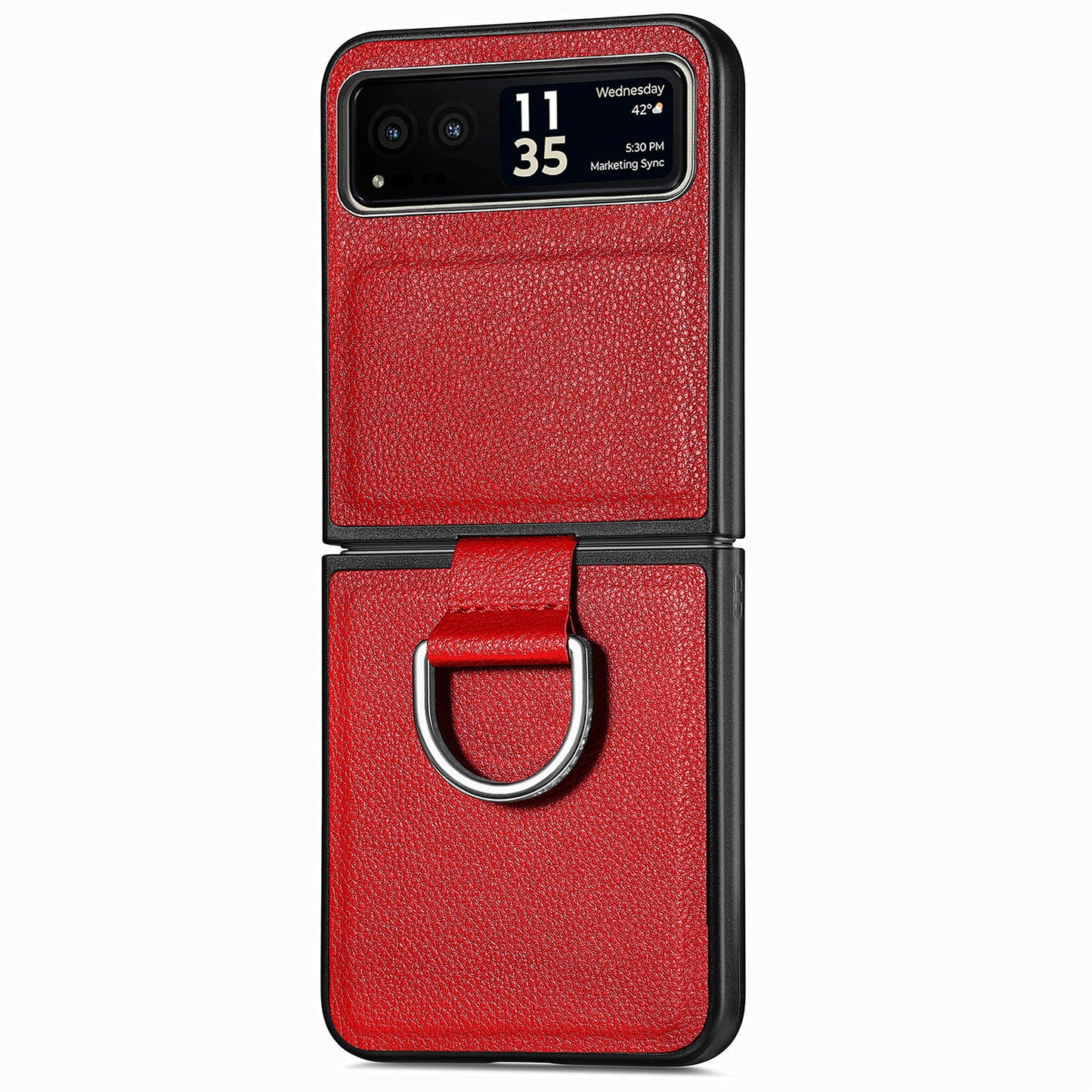 Finger Ring Holder Phone Case for Motorola Razr 40 5G , Litchi Texture Leather Coated PC Cover