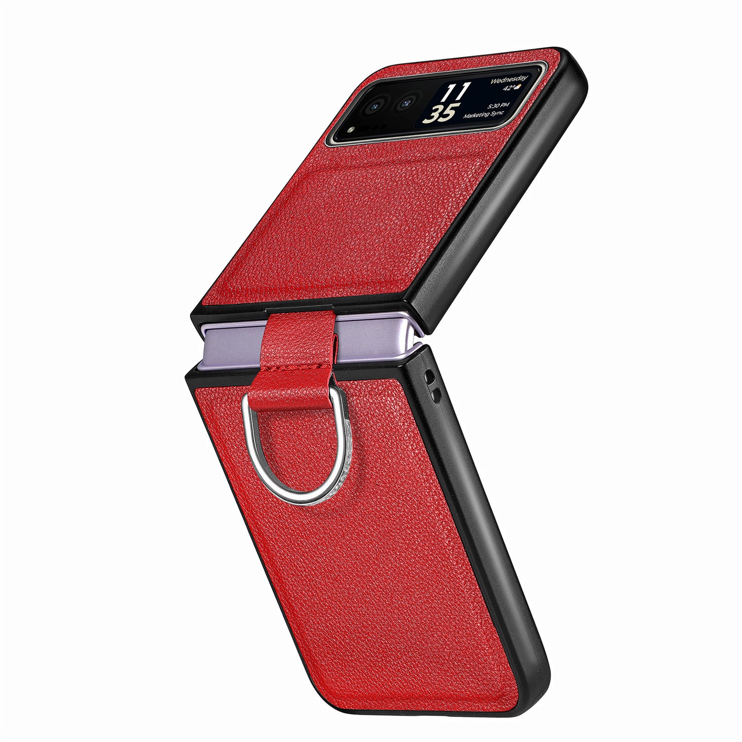 Finger Ring Holder Phone Case for Motorola Razr 40 5G , Litchi Texture Leather Coated PC Cover