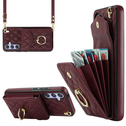 RFID Blocking Back Case for Samsung Galaxy A14 4G / 5G , PU Leather+TPU Ring Kickstand Multiple Card Slots Phone Cover