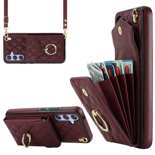 RFID Blocking Back Case for Samsung Galaxy A14 4G / 5G , PU Leather+TPU Ring Kickstand Multiple Card Slots Phone Cover