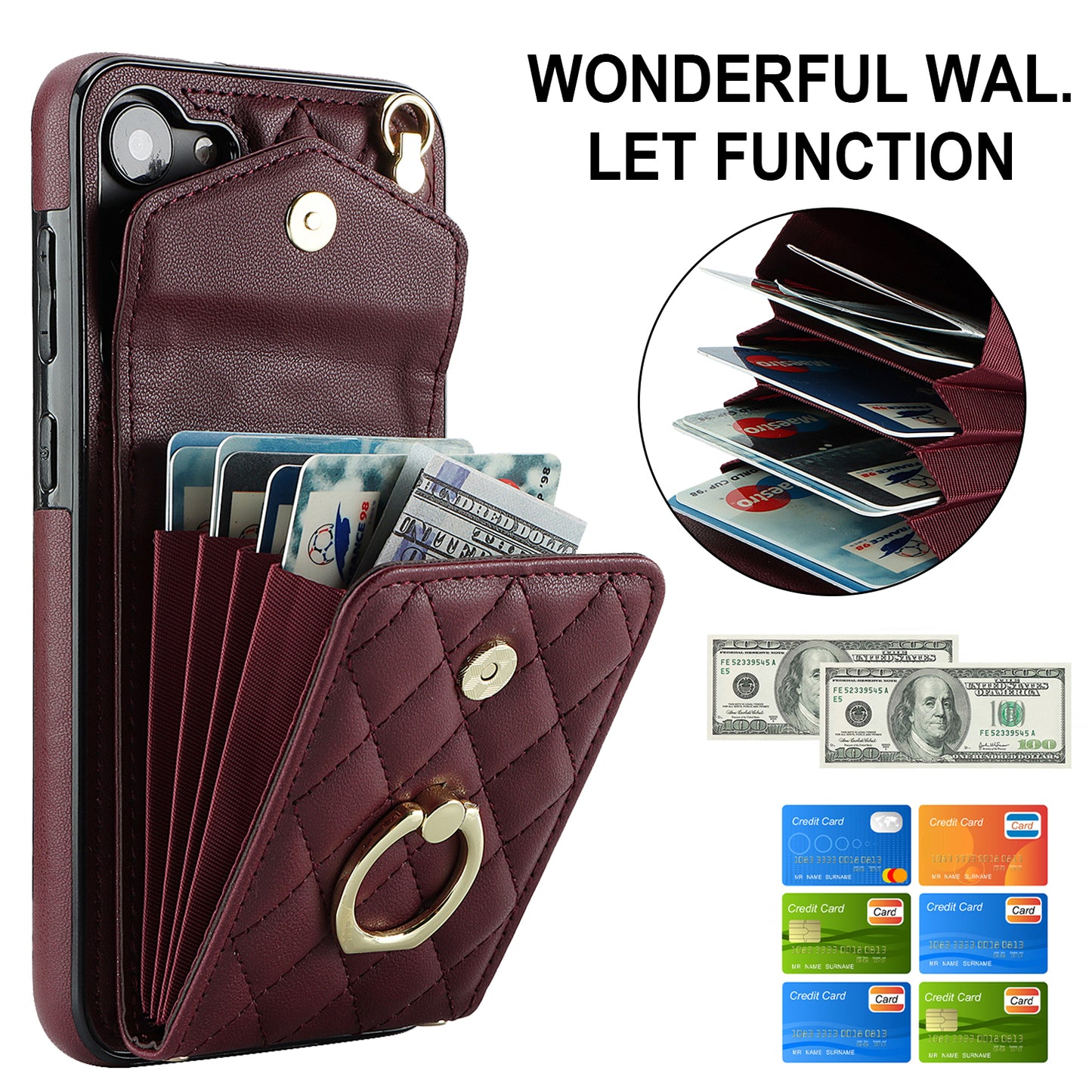 RFID Blocking Back Case for Samsung Galaxy A14 4G / 5G , PU Leather+TPU Ring Kickstand Multiple Card Slots Phone Cover