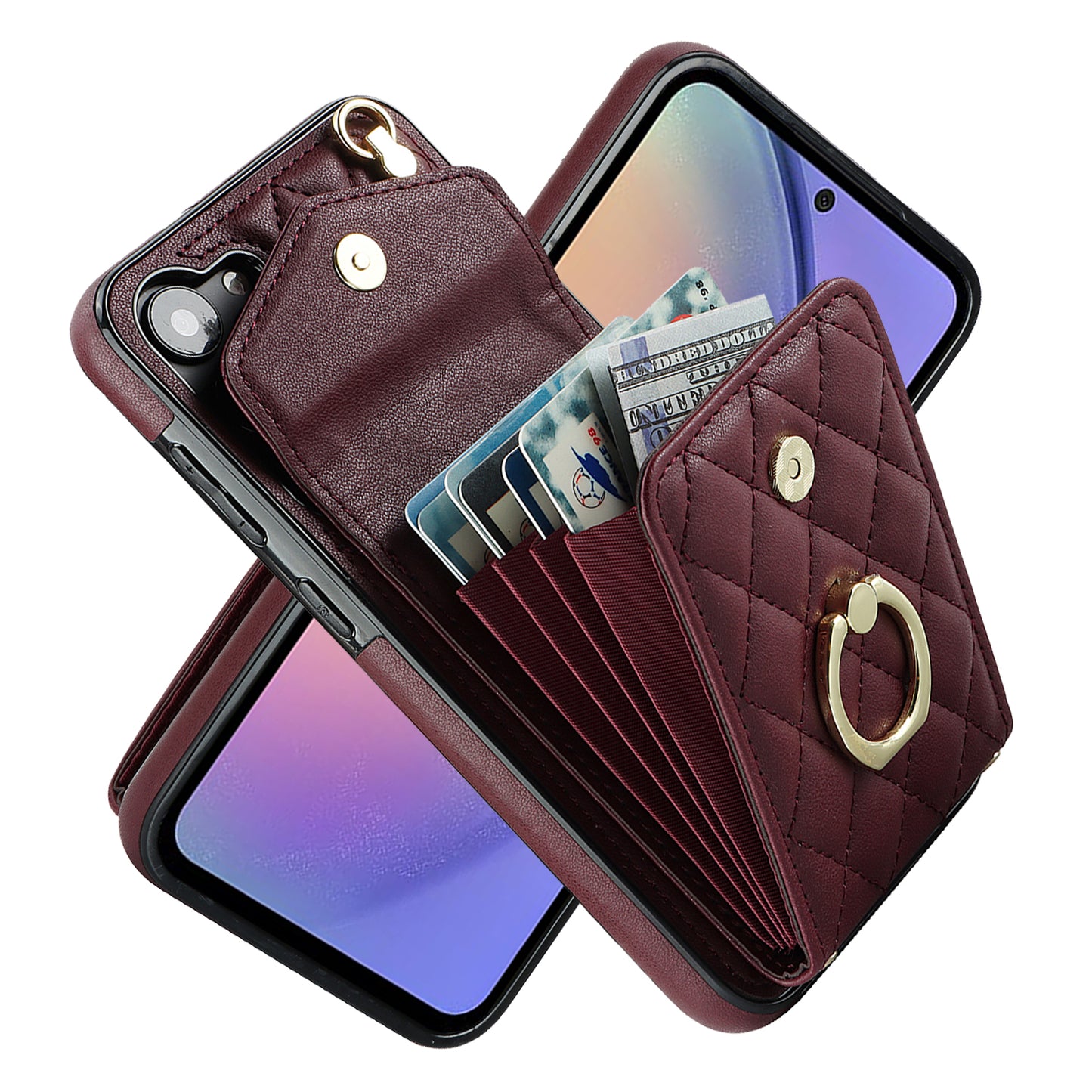 RFID Blocking Back Case for Samsung Galaxy A14 4G / 5G , PU Leather+TPU Ring Kickstand Multiple Card Slots Phone Cover
