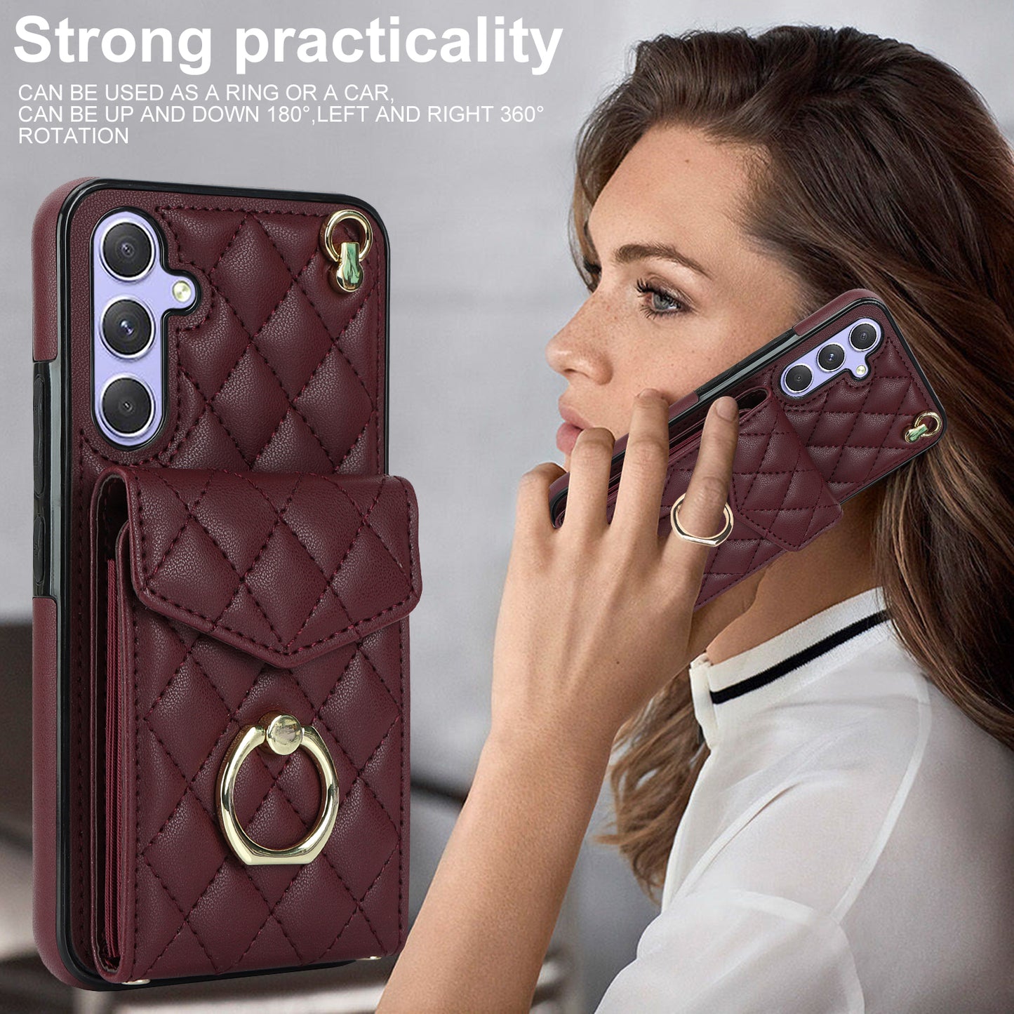 RFID Blocking Back Case for Samsung Galaxy A14 4G / 5G , PU Leather+TPU Ring Kickstand Multiple Card Slots Phone Cover