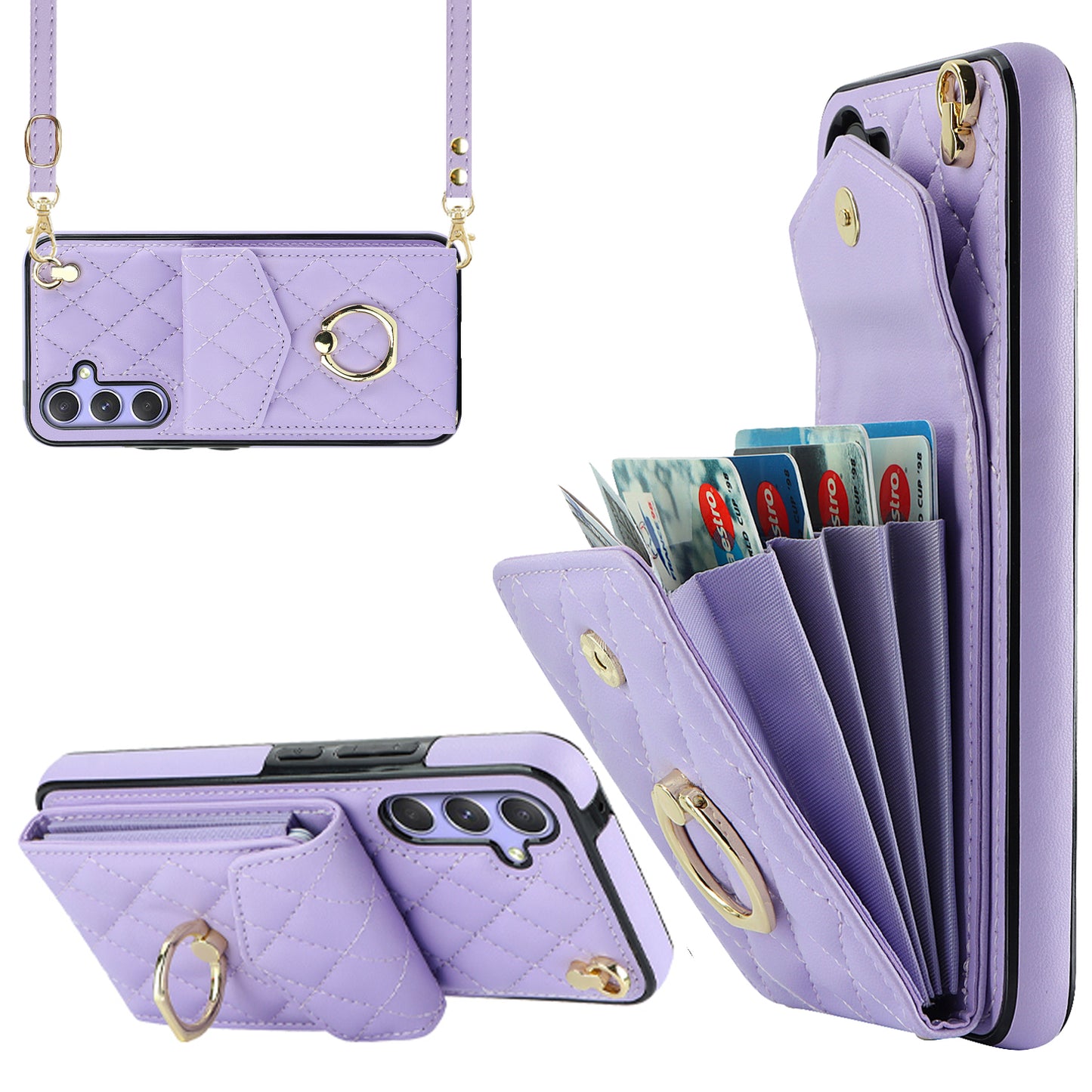 RFID Blocking Back Case for Samsung Galaxy A14 4G / 5G , PU Leather+TPU Ring Kickstand Multiple Card Slots Phone Cover
