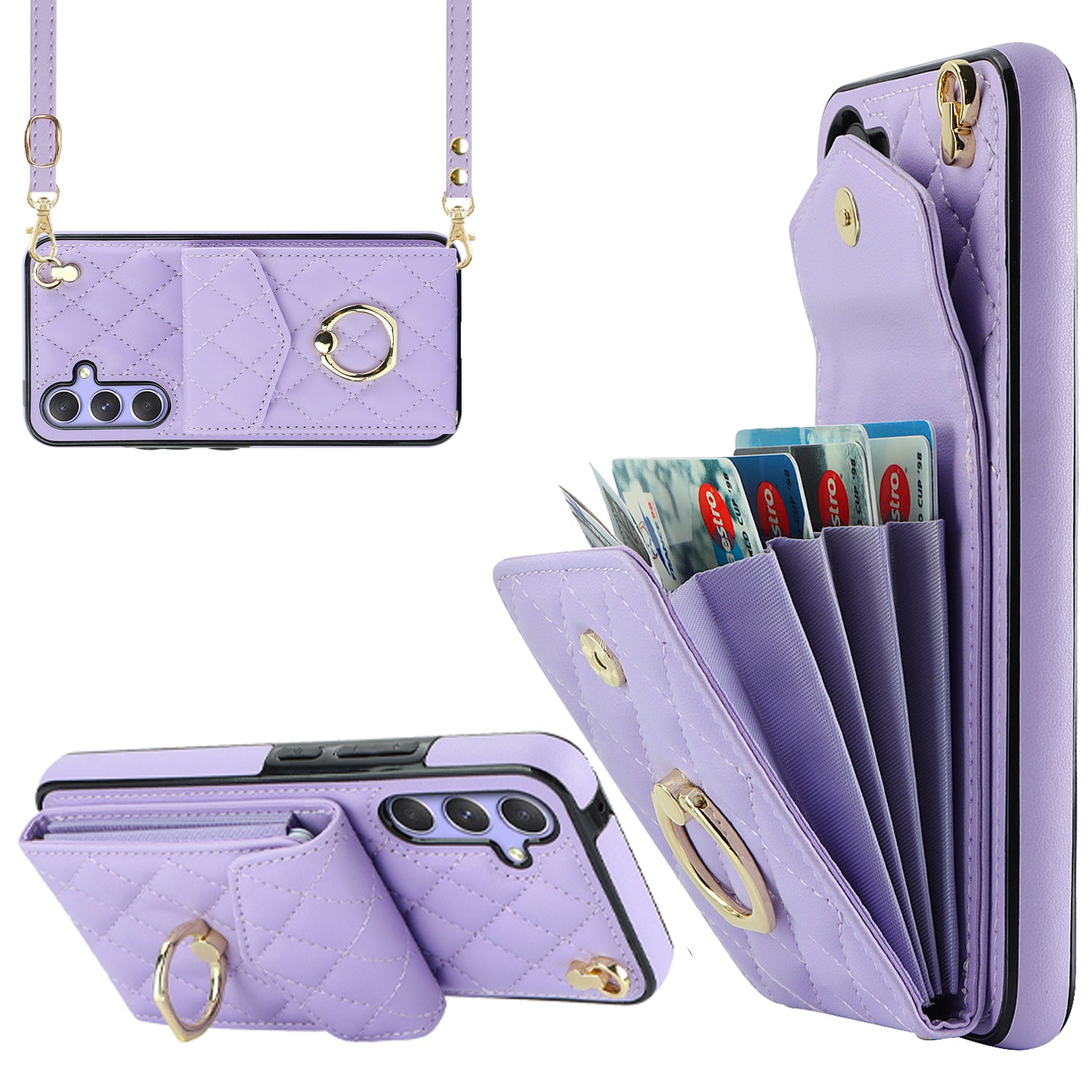 RFID Blocking Back Case for Samsung Galaxy A14 4G / 5G , PU Leather+TPU Ring Kickstand Multiple Card Slots Phone Cover