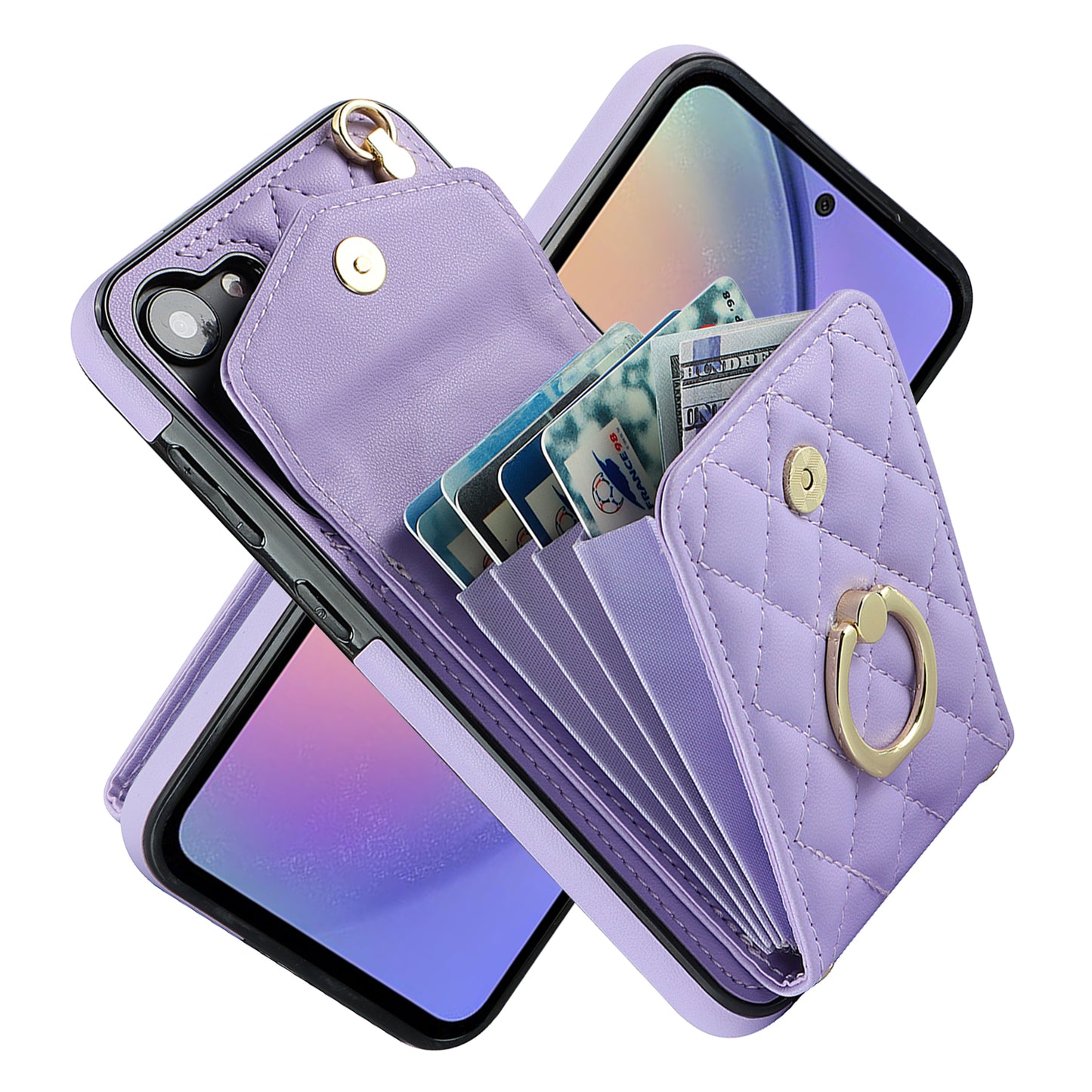 RFID Blocking Back Case for Samsung Galaxy A14 4G / 5G , PU Leather+TPU Ring Kickstand Multiple Card Slots Phone Cover
