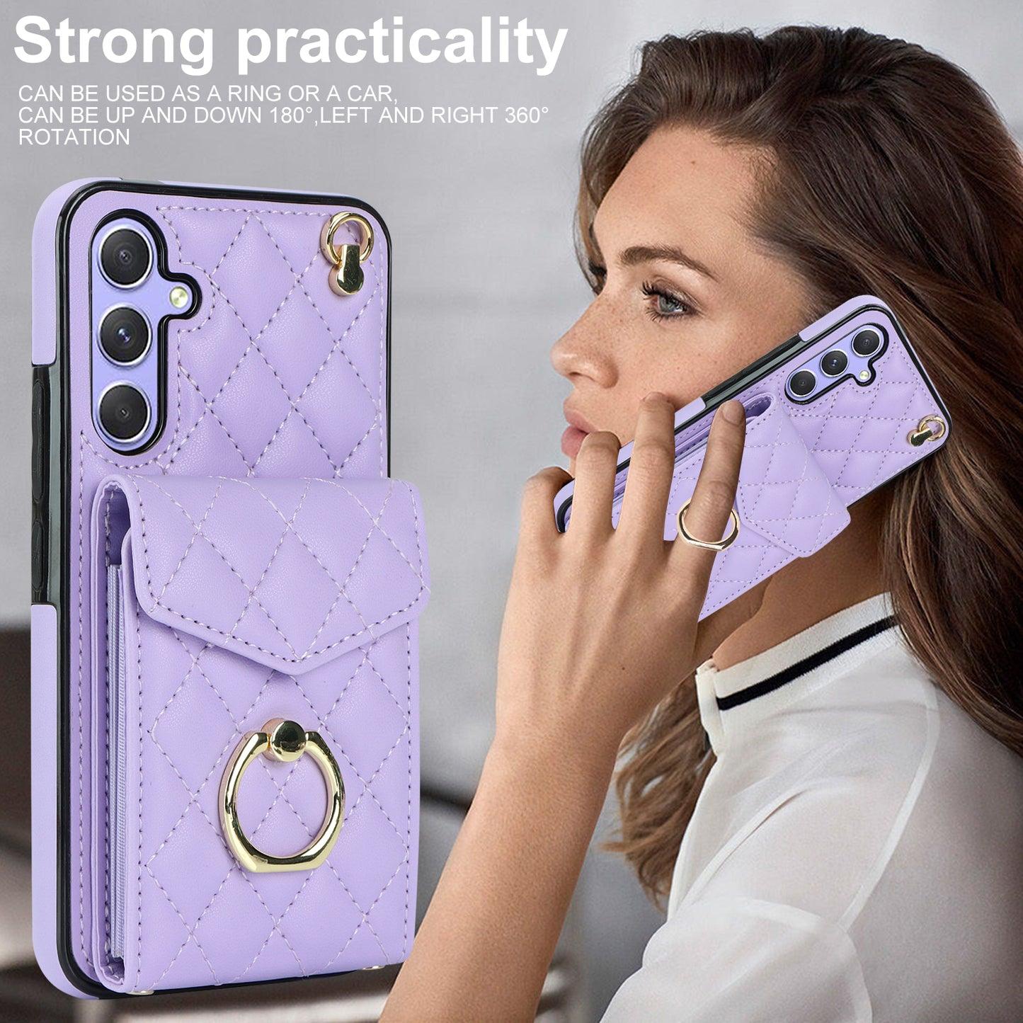 RFID Blocking Back Case for Samsung Galaxy A14 4G / 5G , PU Leather+TPU Ring Kickstand Multiple Card Slots Phone Cover