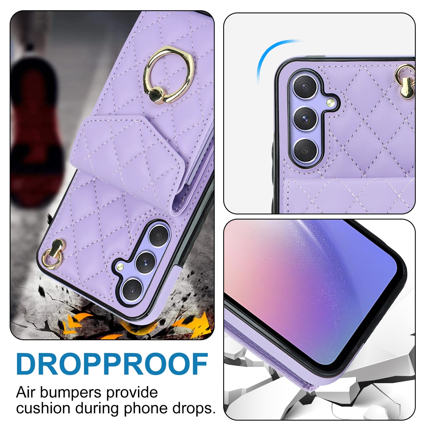 RFID Blocking Back Case for Samsung Galaxy A14 4G / 5G , PU Leather+TPU Ring Kickstand Multiple Card Slots Phone Cover
