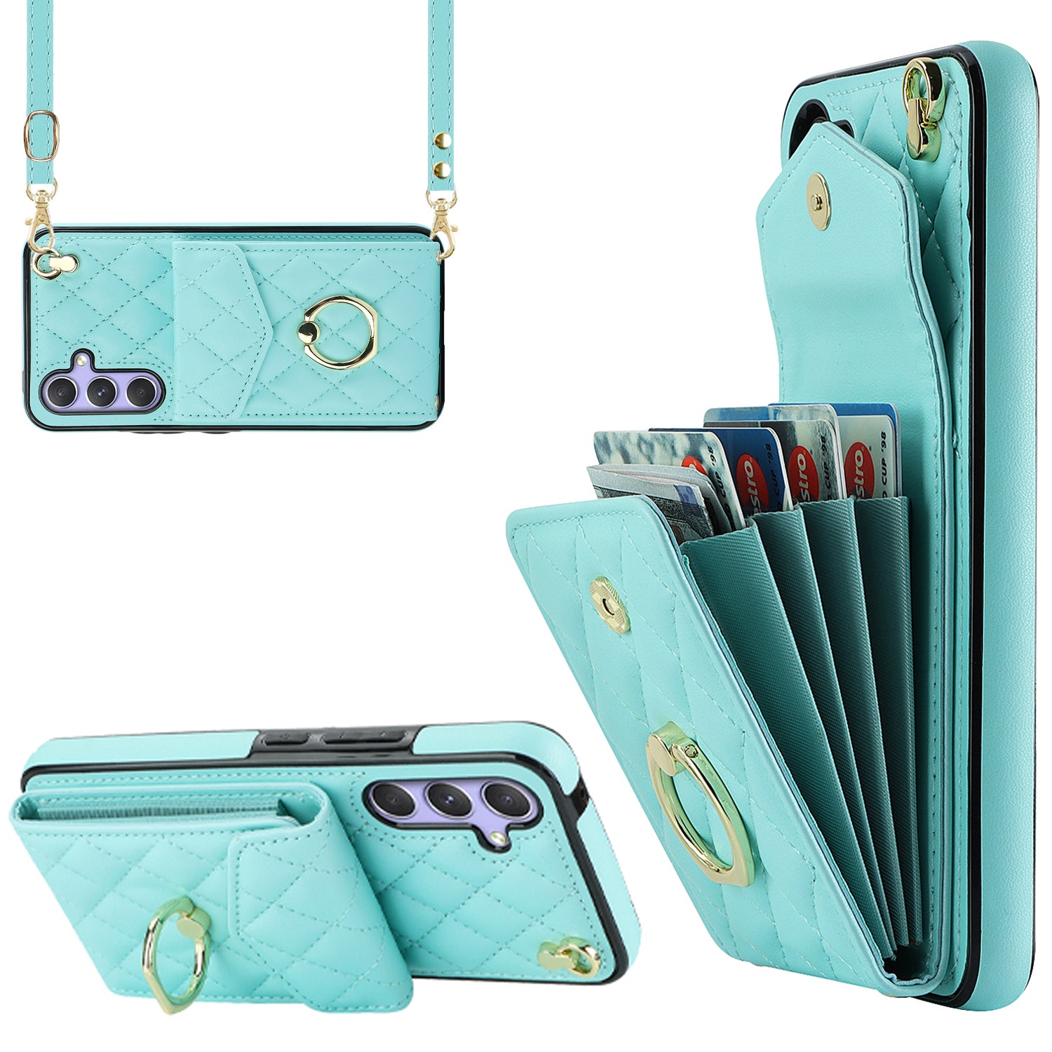 RFID Blocking Back Case for Samsung Galaxy A14 4G / 5G , PU Leather+TPU Ring Kickstand Multiple Card Slots Phone Cover