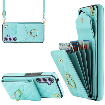 RFID Blocking Back Case for Samsung Galaxy A14 4G / 5G , PU Leather+TPU Ring Kickstand Multiple Card Slots Phone Cover