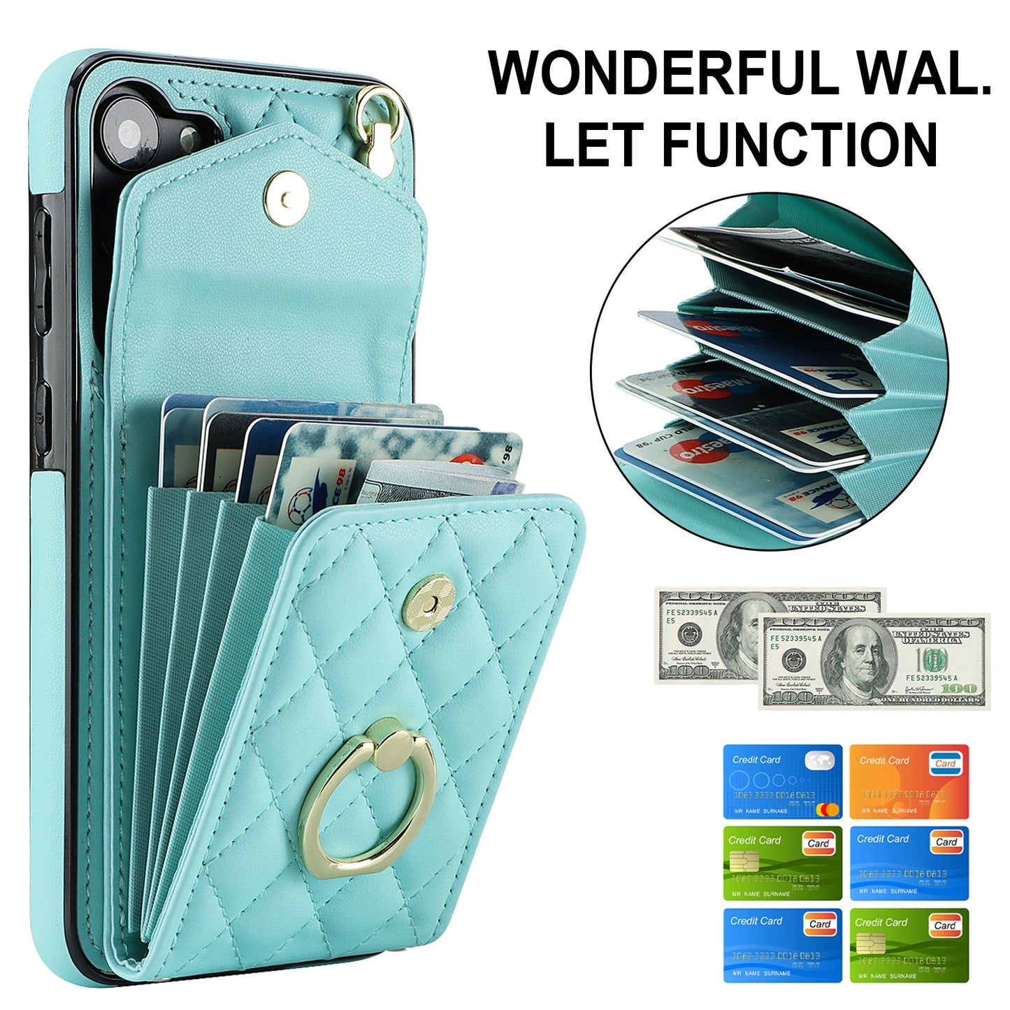 RFID Blocking Back Case for Samsung Galaxy A14 4G / 5G , PU Leather+TPU Ring Kickstand Multiple Card Slots Phone Cover