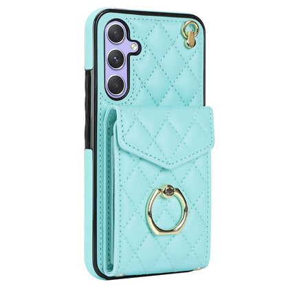 RFID Blocking Back Case for Samsung Galaxy A14 4G / 5G , PU Leather+TPU Ring Kickstand Multiple Card Slots Phone Cover