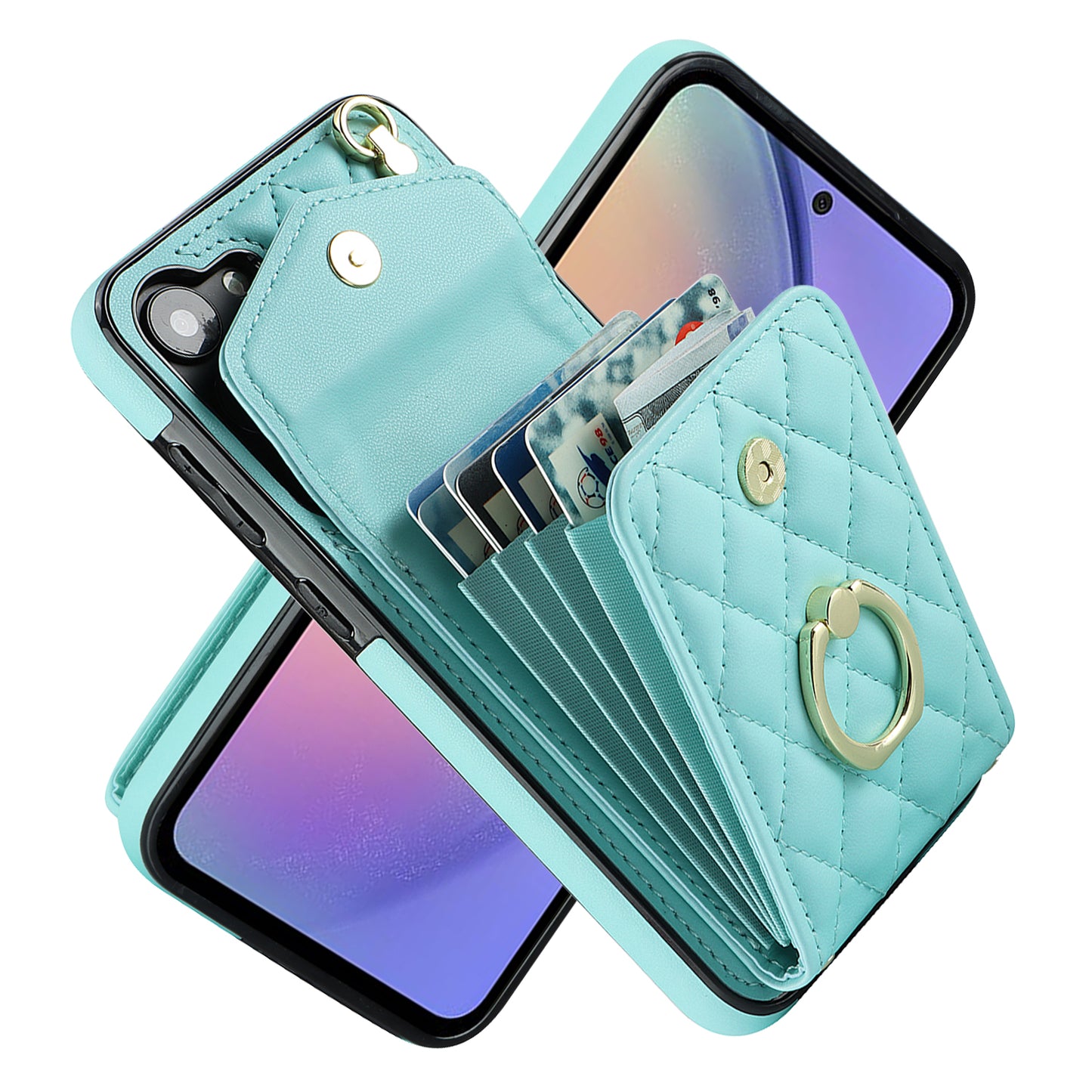 RFID Blocking Back Case for Samsung Galaxy A14 4G / 5G , PU Leather+TPU Ring Kickstand Multiple Card Slots Phone Cover