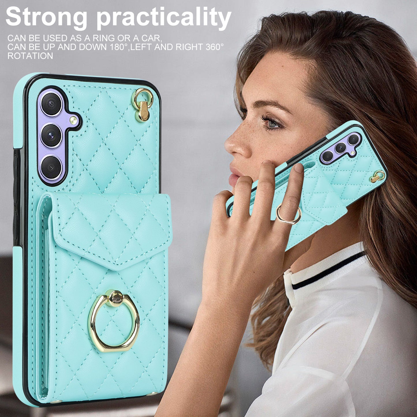 RFID Blocking Back Case for Samsung Galaxy A14 4G / 5G , PU Leather+TPU Ring Kickstand Multiple Card Slots Phone Cover