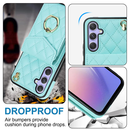 RFID Blocking Back Case for Samsung Galaxy A14 4G / 5G , PU Leather+TPU Ring Kickstand Multiple Card Slots Phone Cover