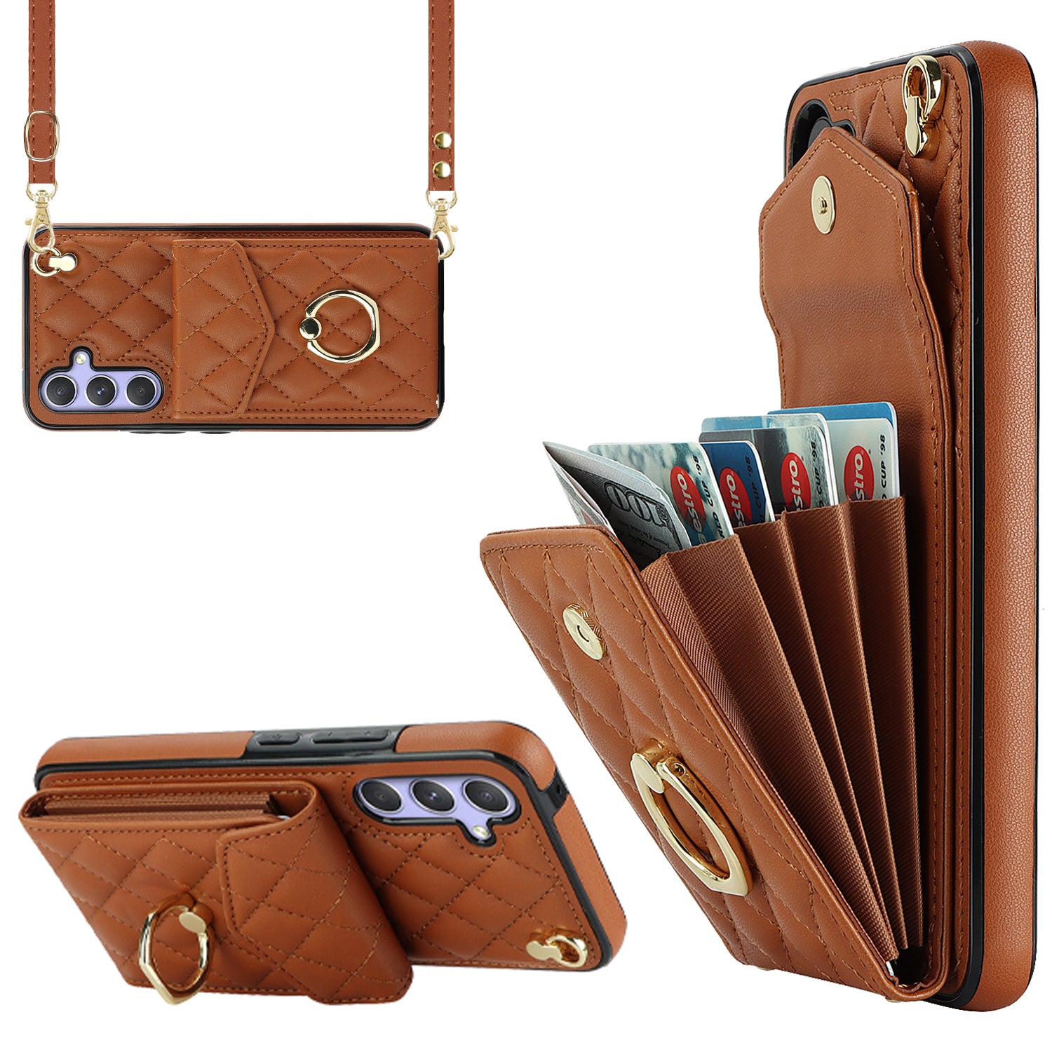 RFID Blocking Back Case for Samsung Galaxy A14 4G / 5G , PU Leather+TPU Ring Kickstand Multiple Card Slots Phone Cover