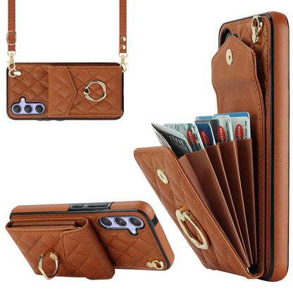 RFID Blocking Back Case for Samsung Galaxy A14 4G / 5G , PU Leather+TPU Ring Kickstand Multiple Card Slots Phone Cover