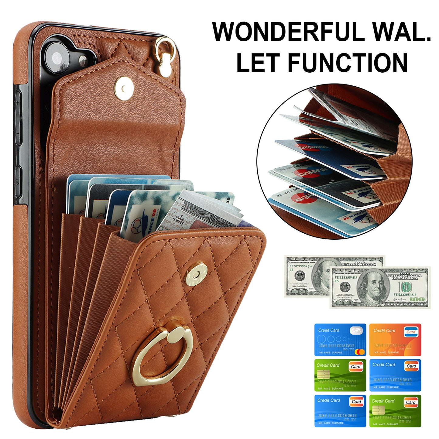 RFID Blocking Back Case for Samsung Galaxy A14 4G / 5G , PU Leather+TPU Ring Kickstand Multiple Card Slots Phone Cover