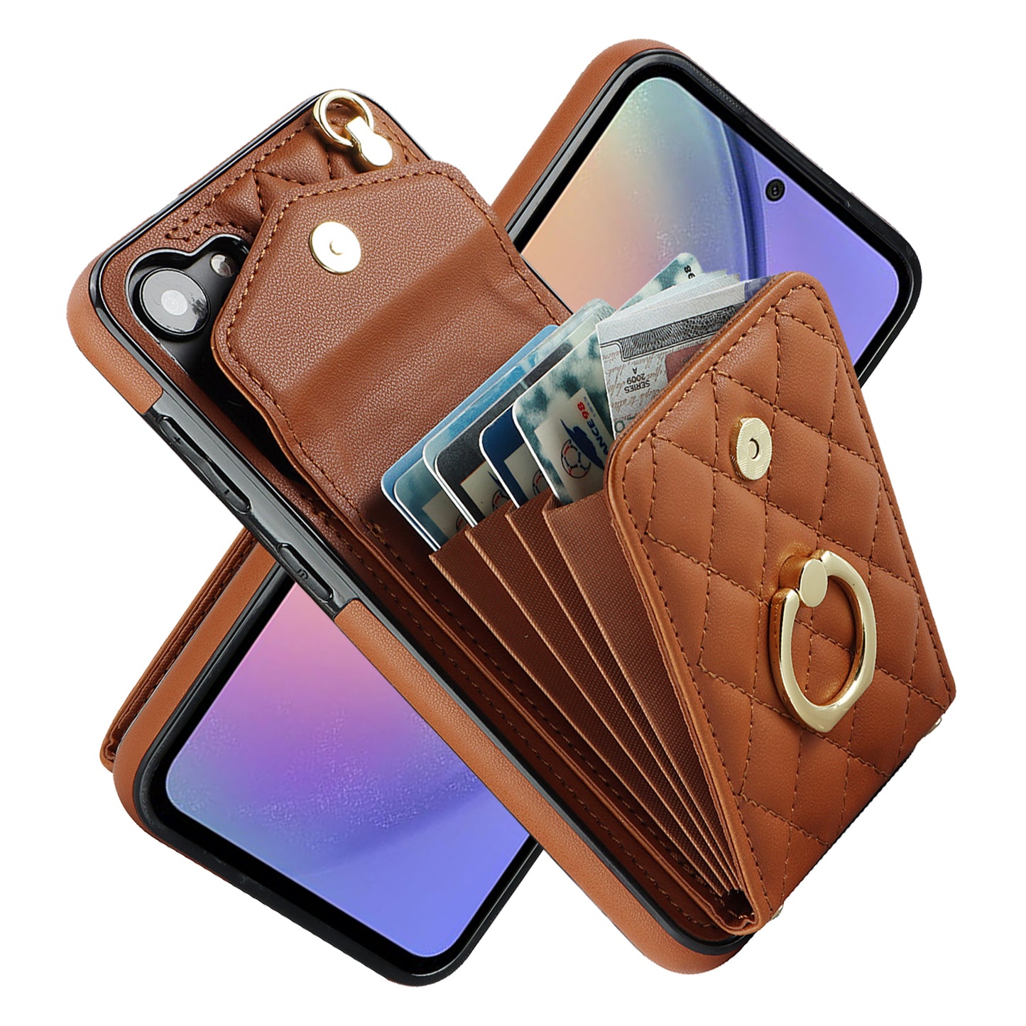 RFID Blocking Back Case for Samsung Galaxy A14 4G / 5G , PU Leather+TPU Ring Kickstand Multiple Card Slots Phone Cover