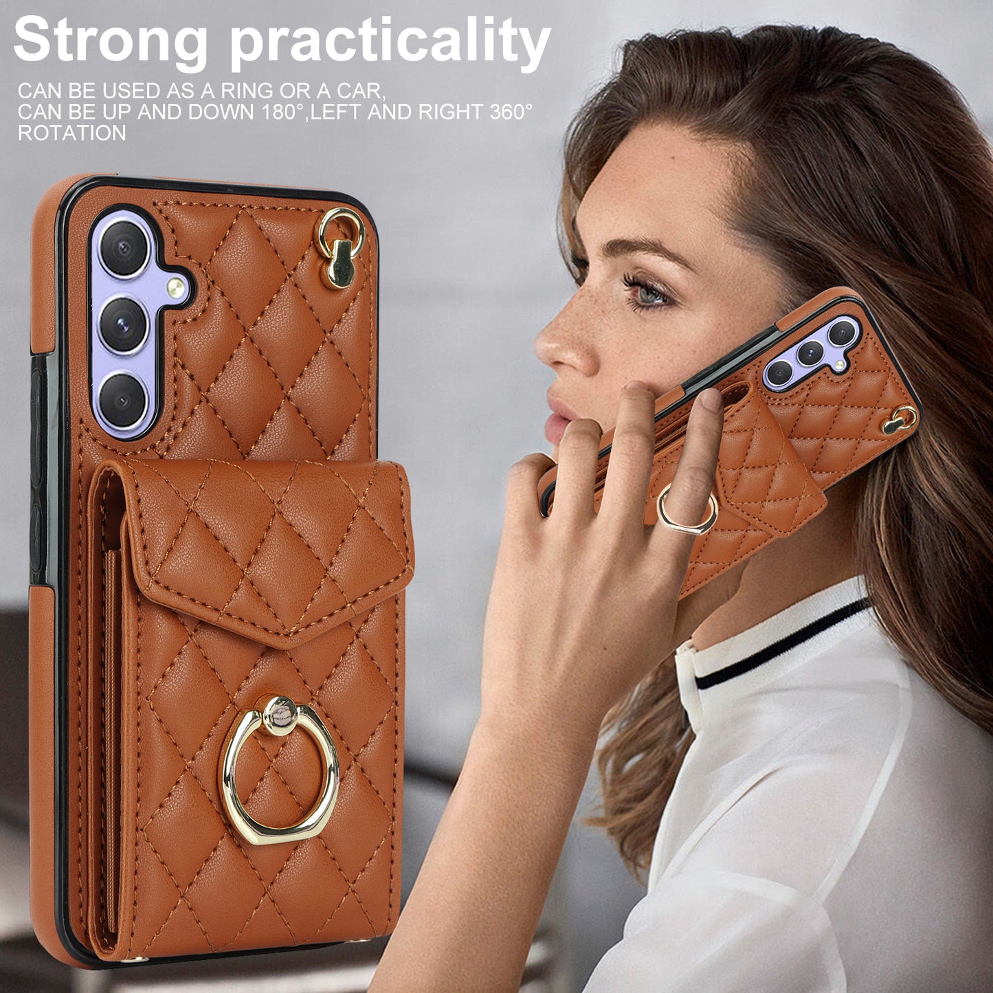RFID Blocking Back Case for Samsung Galaxy A14 4G / 5G , PU Leather+TPU Ring Kickstand Multiple Card Slots Phone Cover