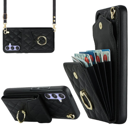 RFID Blocking Back Case for Samsung Galaxy A14 4G / 5G , PU Leather+TPU Ring Kickstand Multiple Card Slots Phone Cover