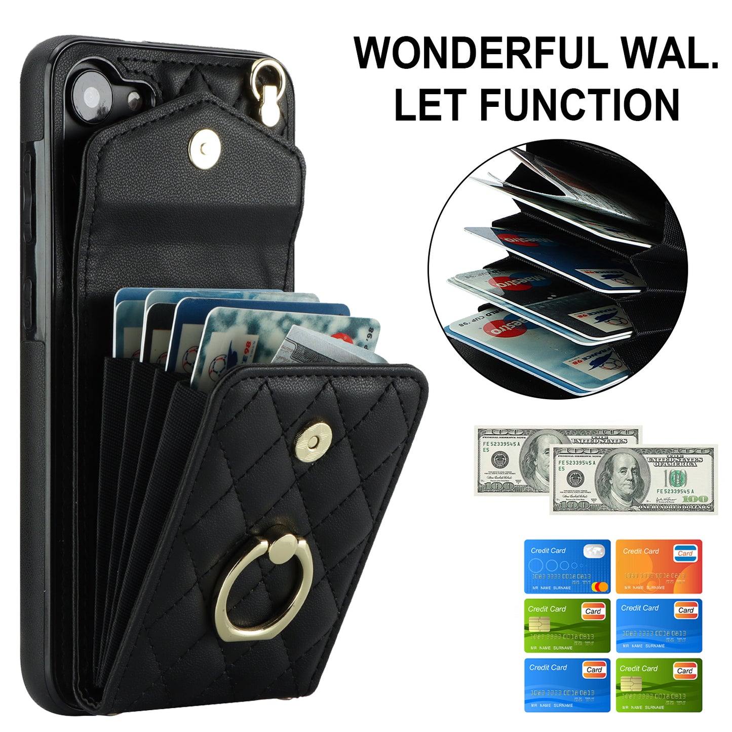 RFID Blocking Back Case for Samsung Galaxy A14 4G / 5G , PU Leather+TPU Ring Kickstand Multiple Card Slots Phone Cover