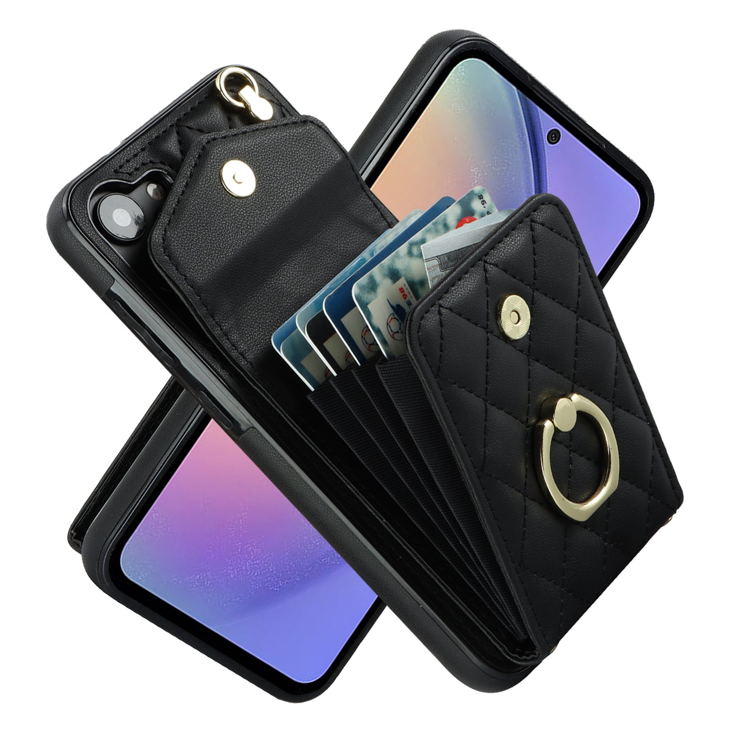 RFID Blocking Back Case for Samsung Galaxy A14 4G / 5G , PU Leather+TPU Ring Kickstand Multiple Card Slots Phone Cover