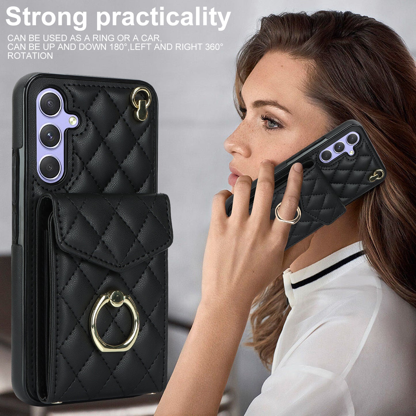 RFID Blocking Back Case for Samsung Galaxy A14 4G / 5G , PU Leather+TPU Ring Kickstand Multiple Card Slots Phone Cover