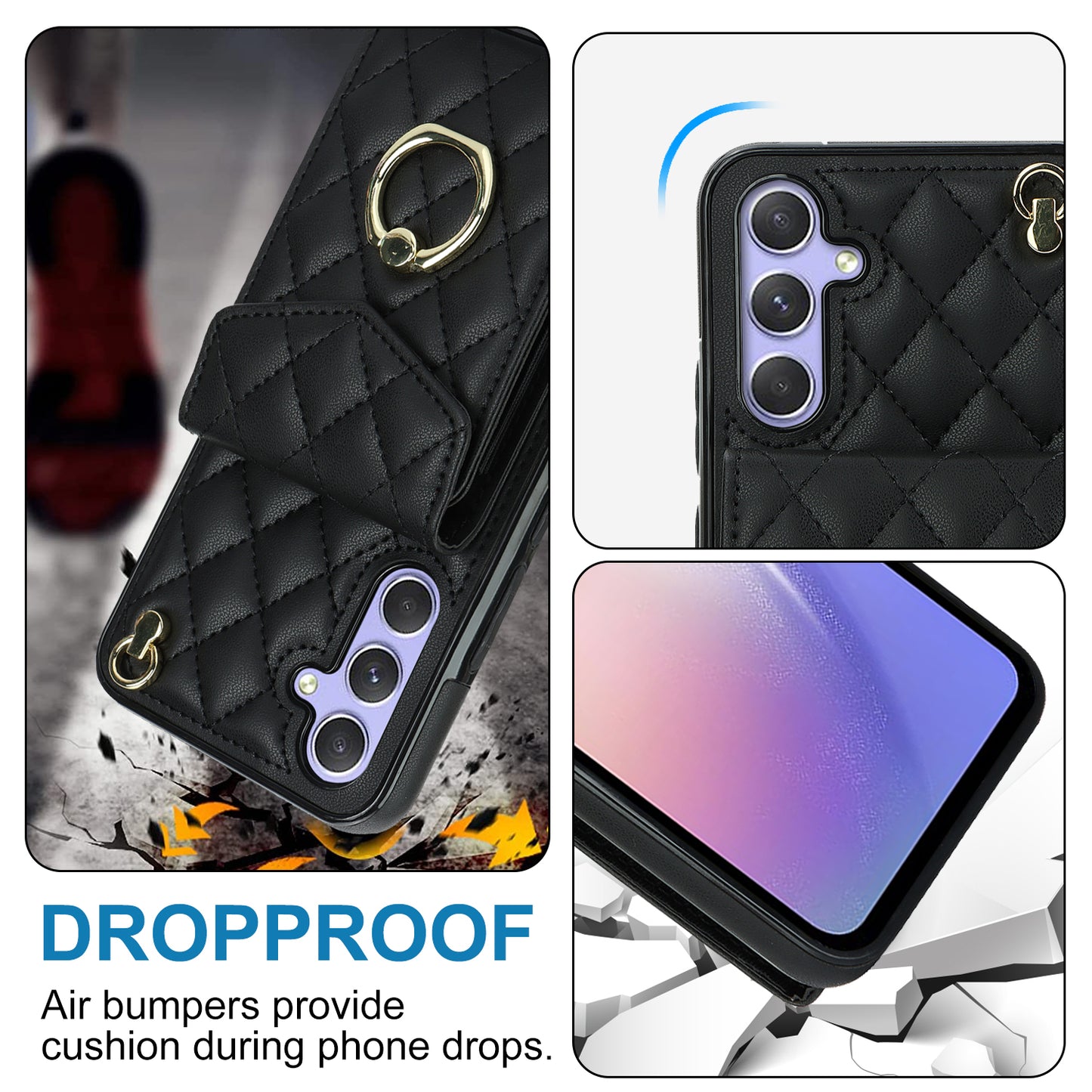 RFID Blocking Back Case for Samsung Galaxy A14 4G / 5G , PU Leather+TPU Ring Kickstand Multiple Card Slots Phone Cover