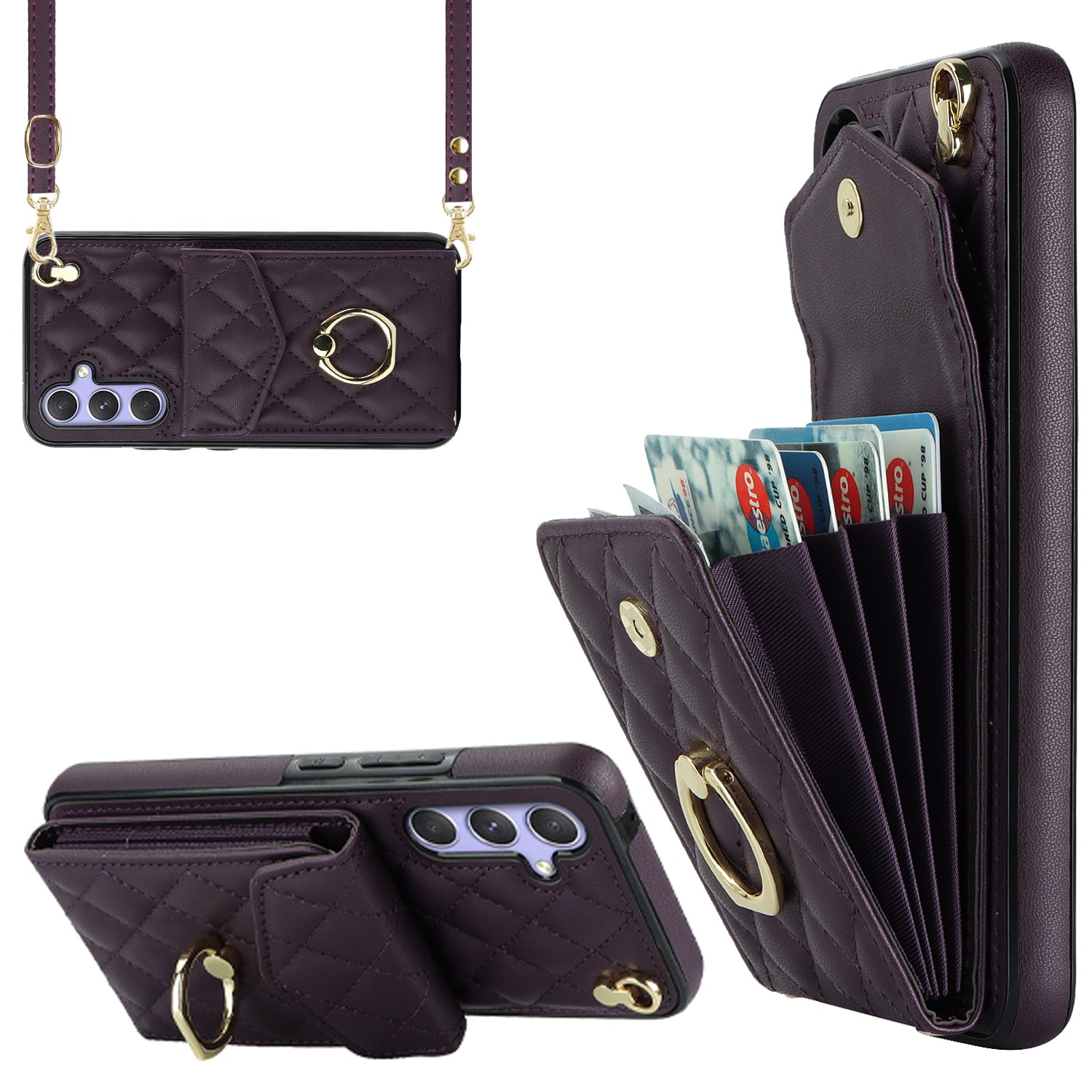 RFID Blocking Back Case for Samsung Galaxy A14 4G / 5G , PU Leather+TPU Ring Kickstand Multiple Card Slots Phone Cover