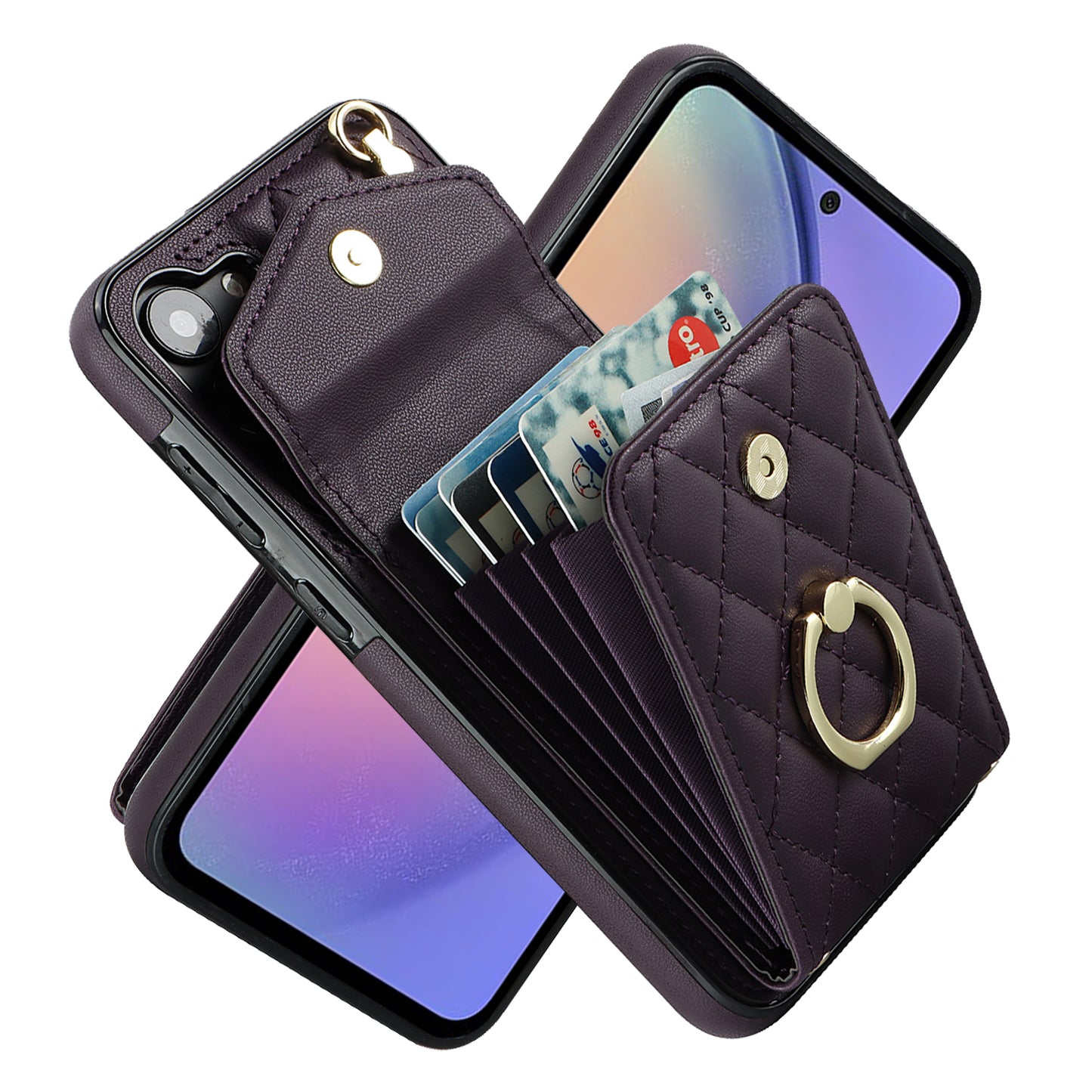 RFID Blocking Back Case for Samsung Galaxy A14 4G / 5G , PU Leather+TPU Ring Kickstand Multiple Card Slots Phone Cover