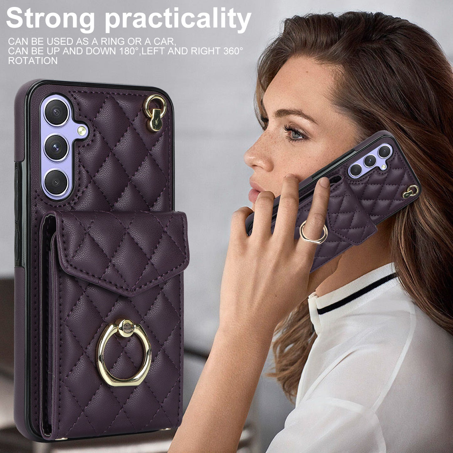 RFID Blocking Back Case for Samsung Galaxy A14 4G / 5G , PU Leather+TPU Ring Kickstand Multiple Card Slots Phone Cover
