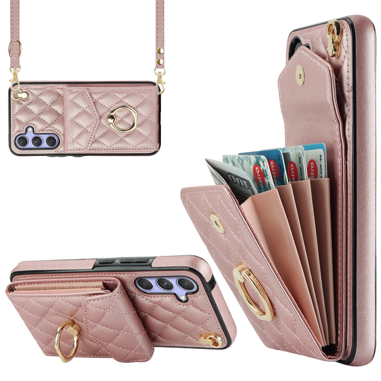 RFID Blocking Back Case for Samsung Galaxy A14 4G / 5G , PU Leather+TPU Ring Kickstand Multiple Card Slots Phone Cover