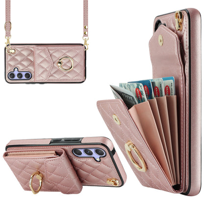 RFID Blocking Back Case for Samsung Galaxy A14 4G / 5G , PU Leather+TPU Ring Kickstand Multiple Card Slots Phone Cover