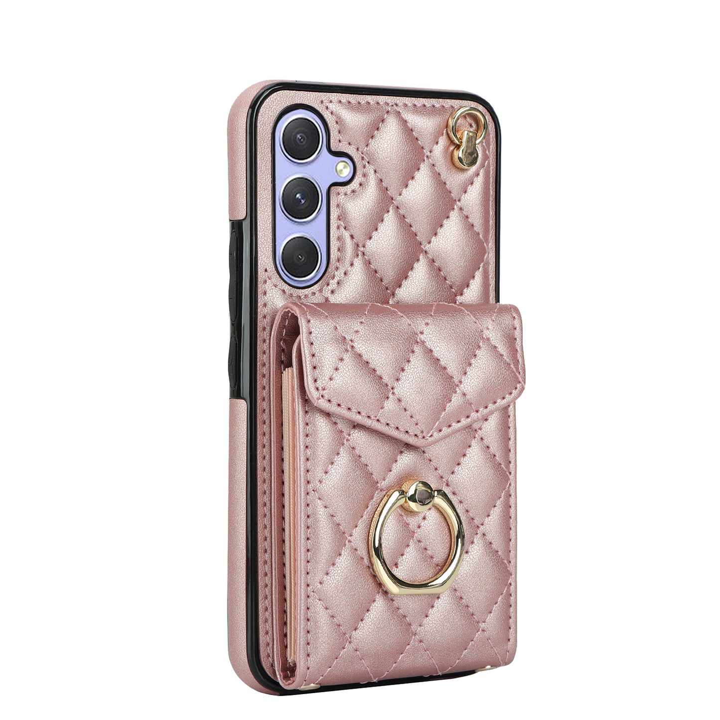 RFID Blocking Back Case for Samsung Galaxy A14 4G / 5G , PU Leather+TPU Ring Kickstand Multiple Card Slots Phone Cover
