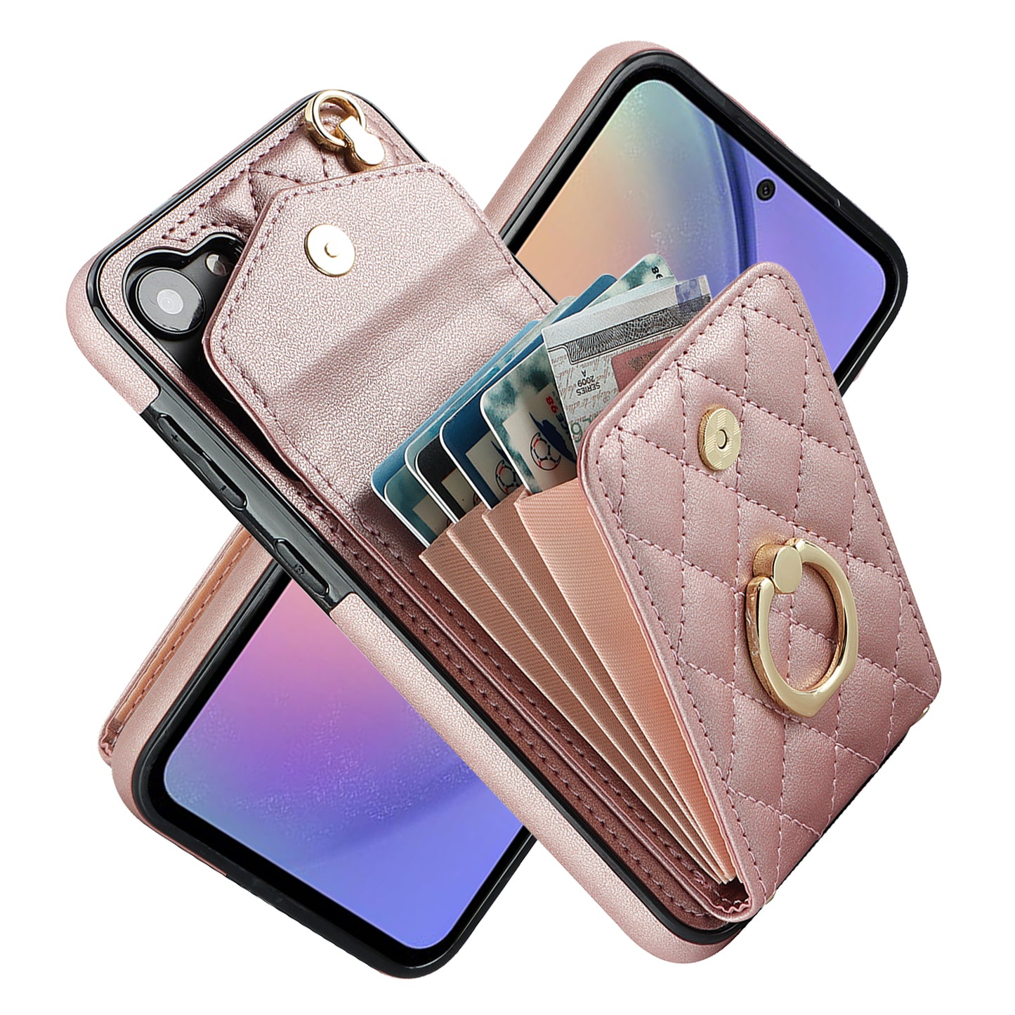 RFID Blocking Back Case for Samsung Galaxy A14 4G / 5G , PU Leather+TPU Ring Kickstand Multiple Card Slots Phone Cover