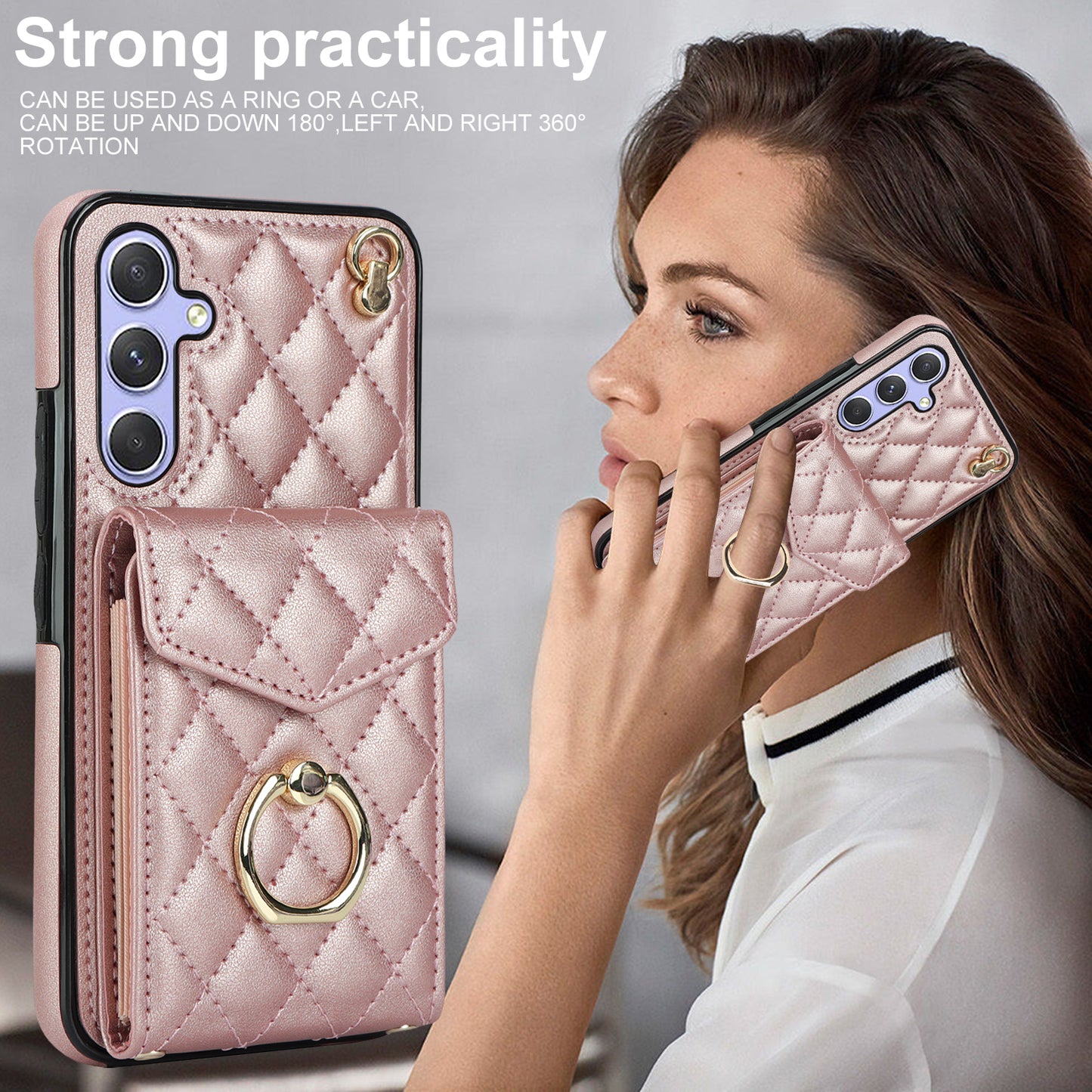 RFID Blocking Back Case for Samsung Galaxy A14 4G / 5G , PU Leather+TPU Ring Kickstand Multiple Card Slots Phone Cover